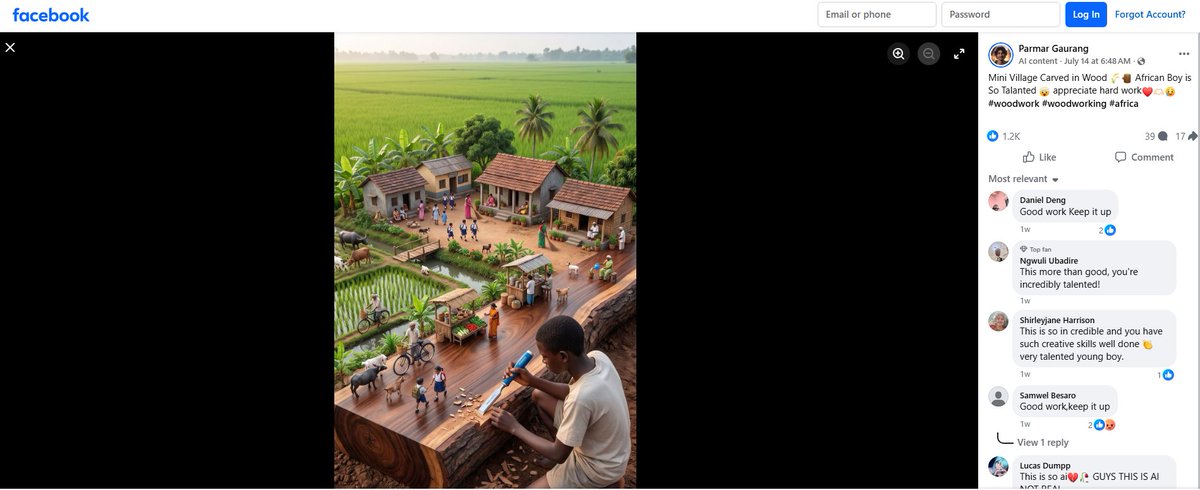 Facebook AI-labeled woodcarving farm post with comments treating the synthetic scene as real talent